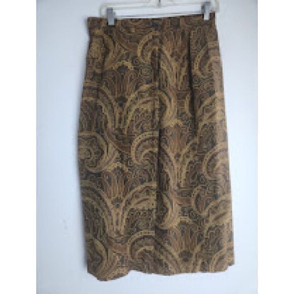 Jones New York Brown & Gold Pasley Print Faux Wrap Midi 100% Silk Skirt size 14P - Picture 1 of 8